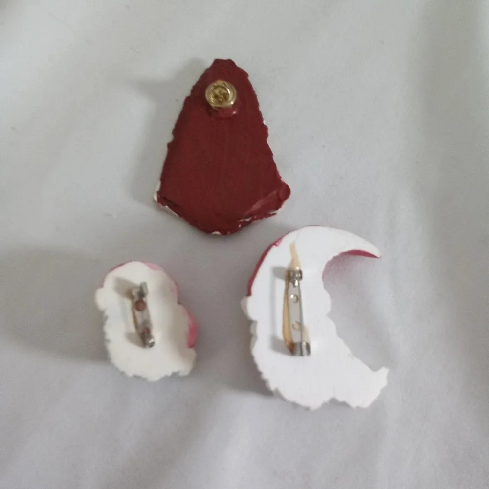 Vintage Santa Claus Christmas Pin Brooch Lot 3pc Folk Art Crescent Moon Holiday